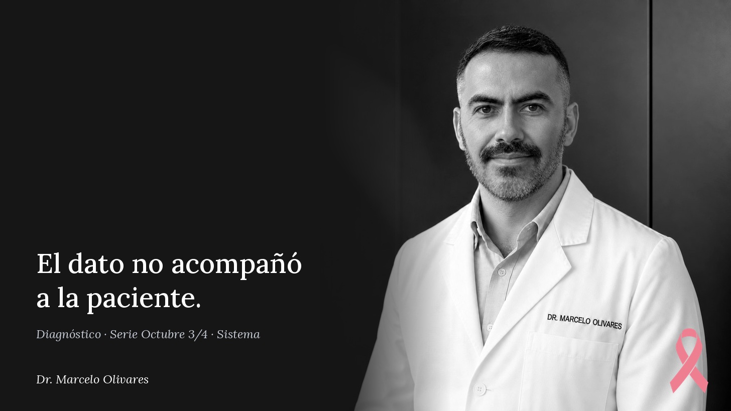 Retrato del Dr. Marcelo Olivares con la frase: Ella ya tiene la mamografía. El sistema, todavía no.